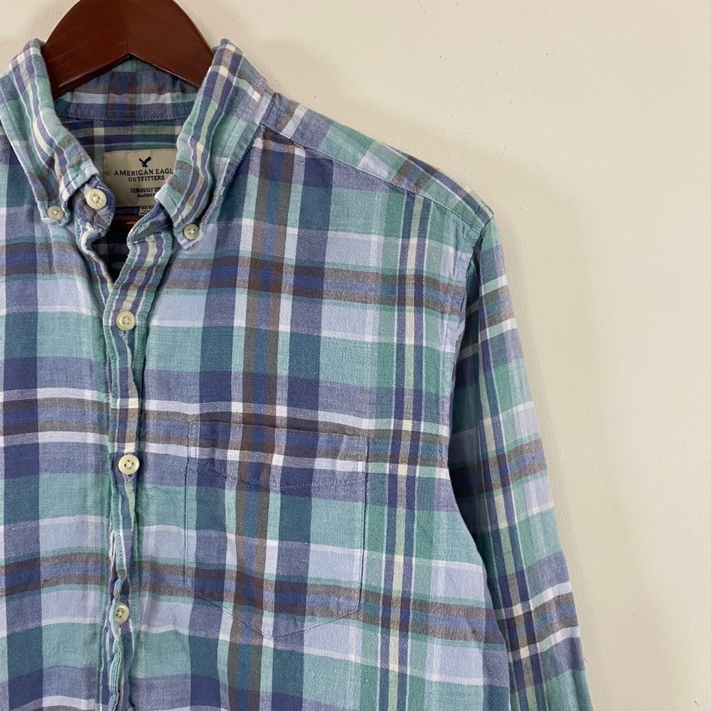 American Eagle Plaid Button Up Mens Medium Cotton Linen Blue Green Flannel - Picture 4 of 8